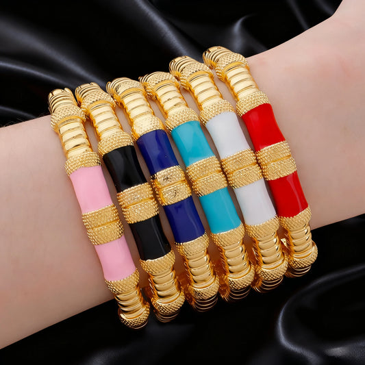 Vintage Bamboo Tube Cuff Bangle, Round Acrylic Resin Beaded Elastic Bracelet for Women, Fashion Jewelry Sets Gift