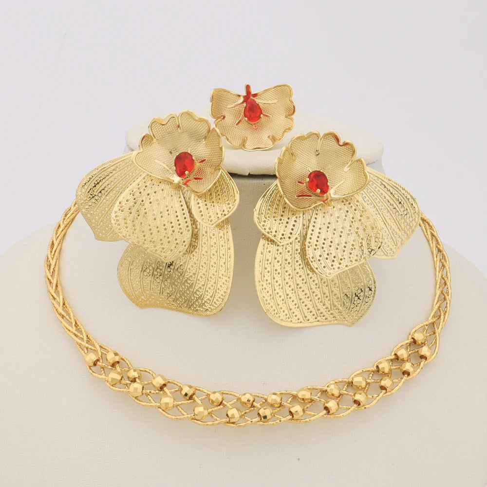 Original Dubai Flower Shape Women Copper Jewelry Sets Charming  Earrings Ring Necklace Sets Gift For African Party Valentine