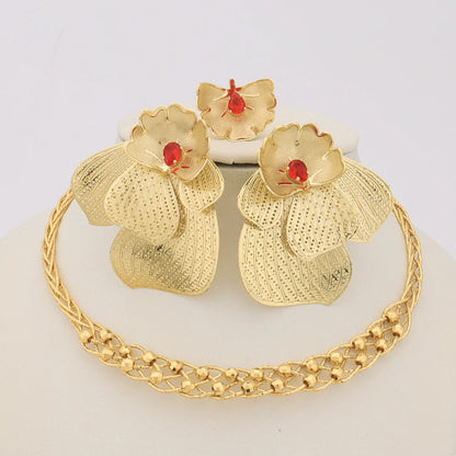 Dubai Flower Copper Jewelry Set for Women, Charming Earrings Ring & Necklace Gift for African Party Valentine, Jewelry