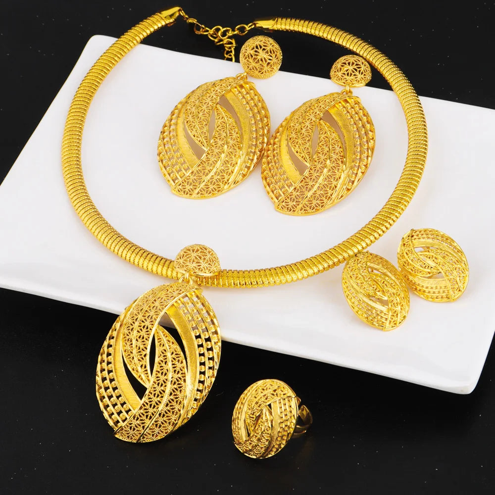 Elegant Nigerian Gold-Tone 3-Piece Jewelry Set for Women – Dubai-Inspired Egg-Shaped Necklace, Noble Stud Earrings & Luxury Rin