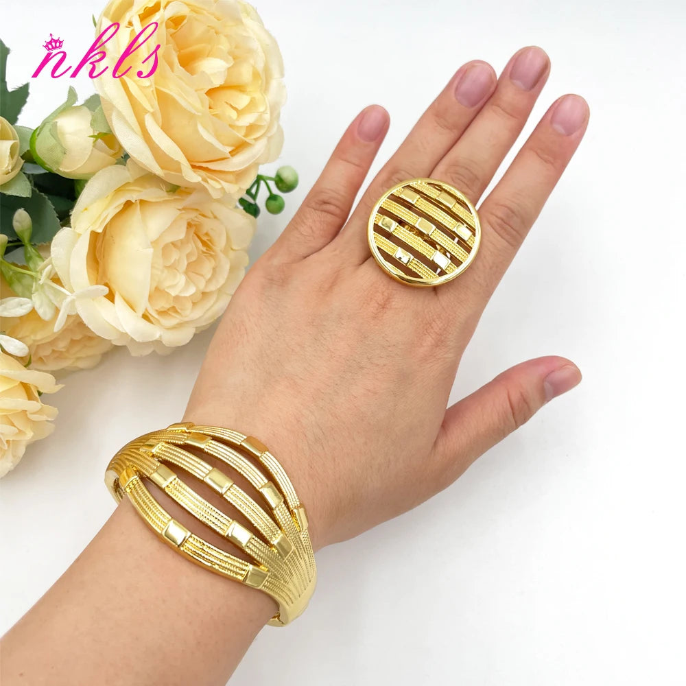 African Gold Color Jewelry Set for Women Arab Dinner Party Cuff Bangle and Ring Dubai Weddings Bride Jewelry Accessories Gifts