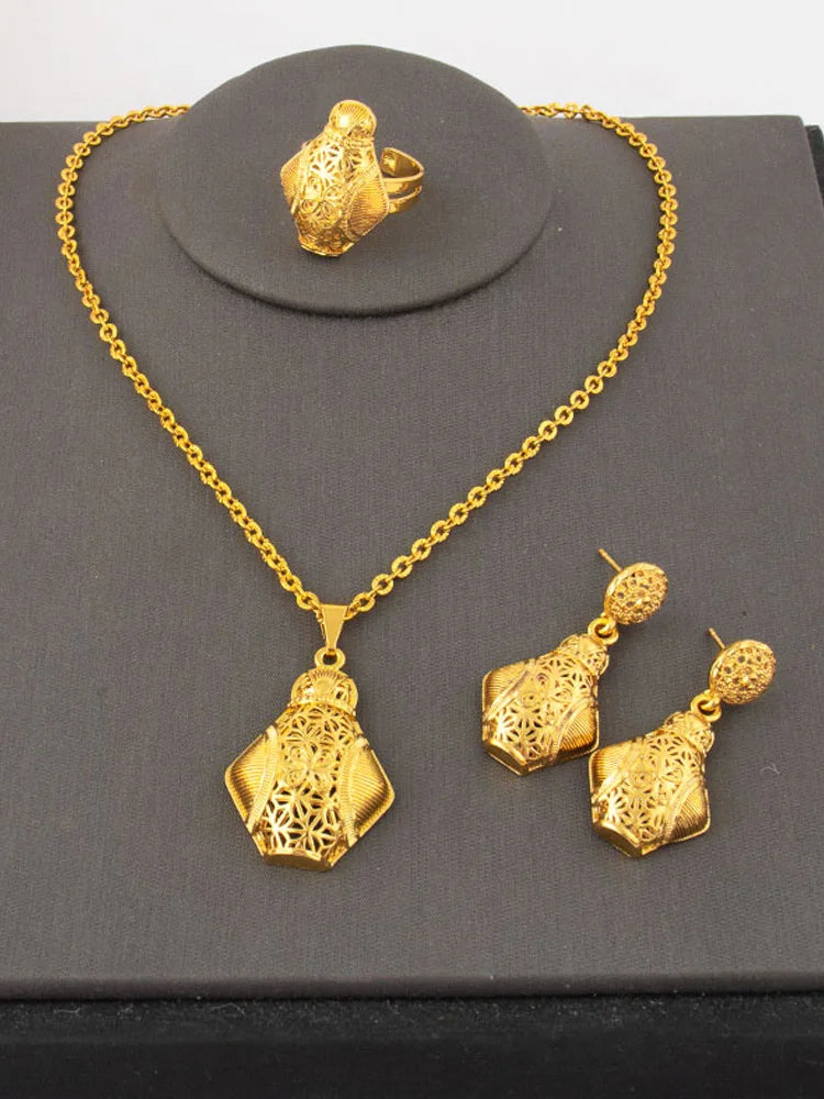 Women's Dubai Tone Jewelry Set Classic African Party Bridal Wedding Accessories Necklace Earring Ring Combo Gift