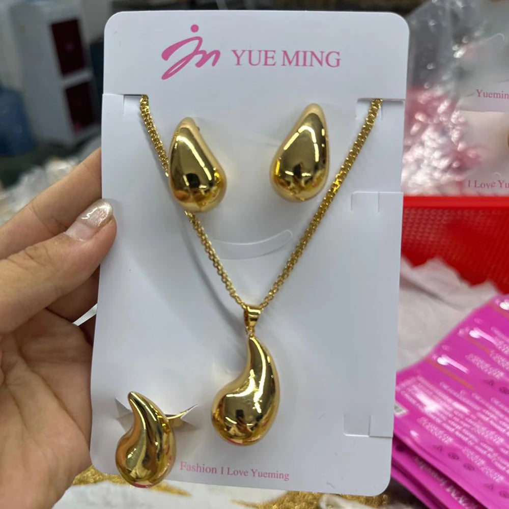 Lovely Gold Color Jewelry Set for Women Water Drop Stud Earrings and Pendant Necklace Finger Ring Set African Daily Wear Gifts