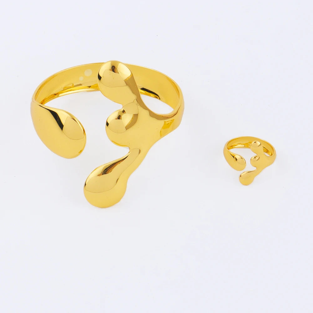 Saudi-African Gold-Tone Irregular Cuff Bangle Ring Jewelry Set for Bride, Dubai Nigerian Wedding jewellery woman accessory