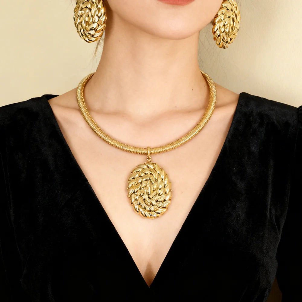 gold jewelry sets for woman ecklace Earrings Gold Plated Round Collar Nigeria Wedding Festival Gift Classic Style Bangles Ring