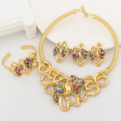 Colorful Zircon Jewelry Sets Exquisite Round Necklace Fashion Women Earrings Artificial Stone Cuff Bangles Ring Jewellery Gifts