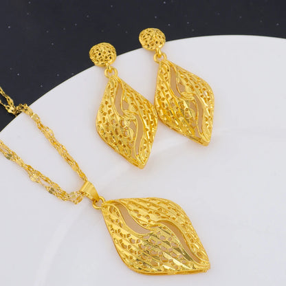 Fashion Gold Color Jewelry 24K Gold Color Warped Geometry Necklace Earrings Set Dubai India Africa Nigerian Bridal Gift