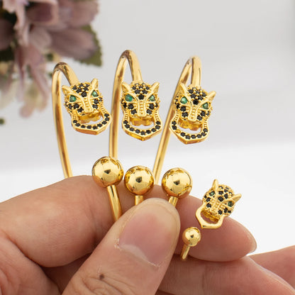 Plated Leopard Head Ring Bracelet Set, New Trendy Punk Jewelry for Women, Bold Personality Piece, Chic Jewellery Woman