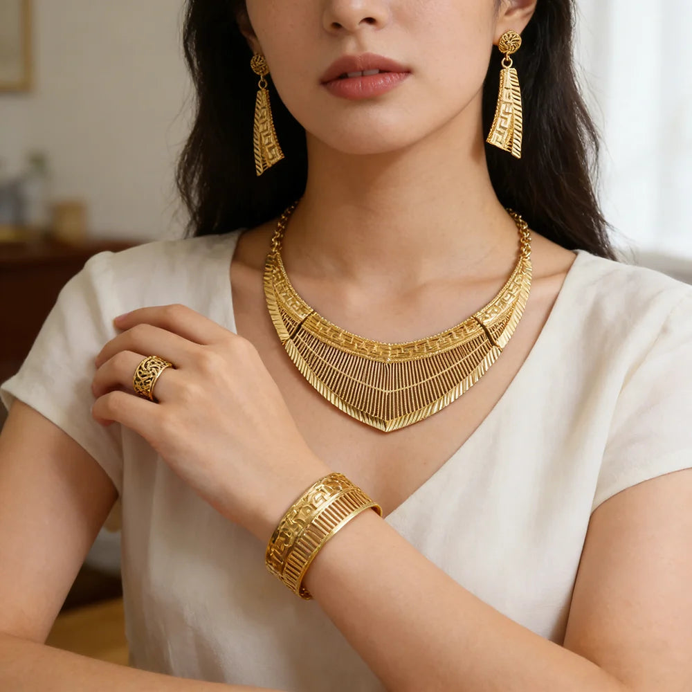 France Luxury 24k Gold Color Jewelry Set For Women Dubai Bridal Wedding Necklace Earrings Bracelet Ring Sets  Anniversary Gifts