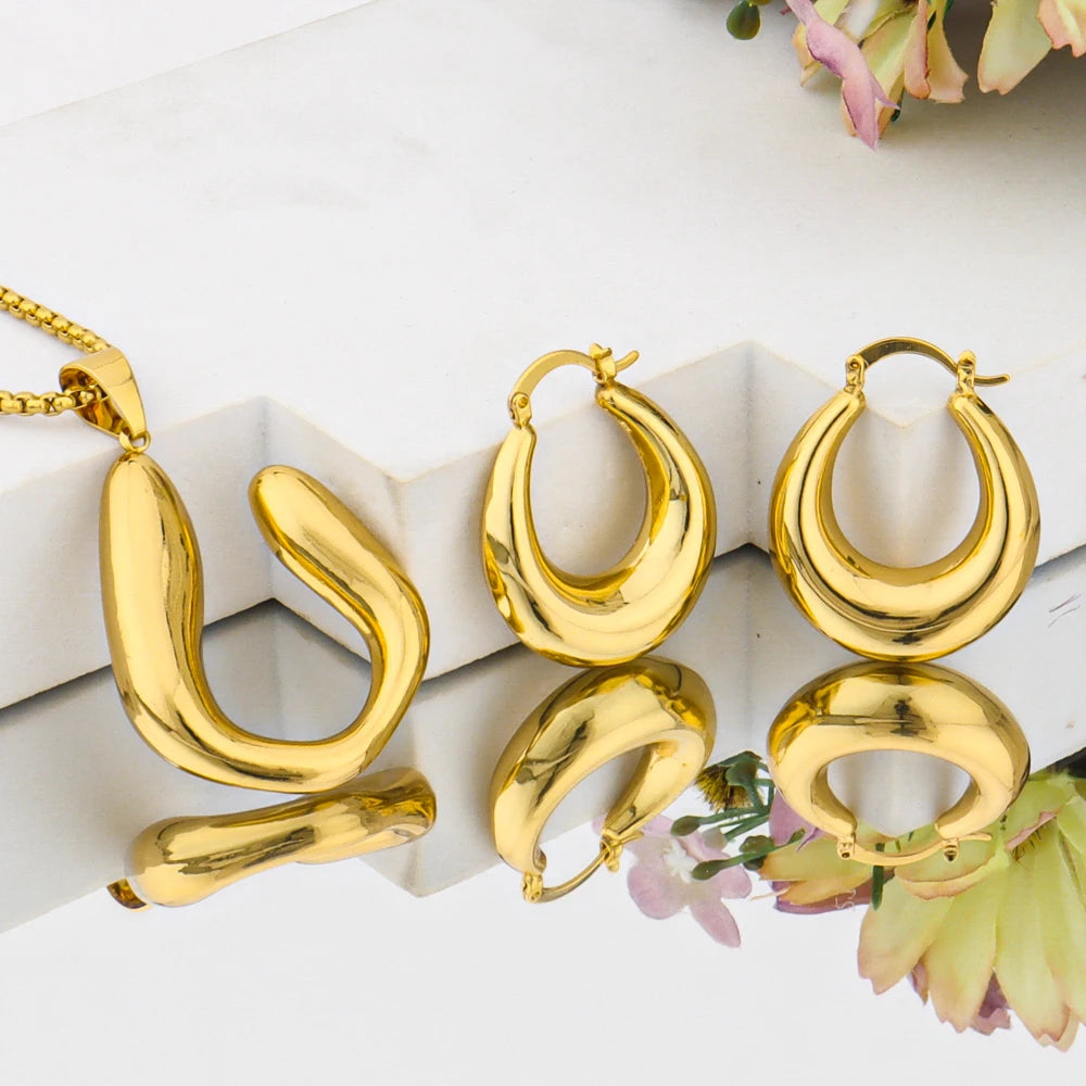 18K Gold Bag-Shape Earring Set & Necklace, Brazil Luxury 2Pcs Jewelry for Women, Party Wedding Gift, Elegant Jewellery Woman