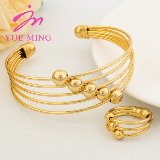 New Round Cuff Bangles Open Ring For Women Dubai Gold Plated Lucky Beads Charm Bracelet Wedding Party Jewelry Anniversary Gifts