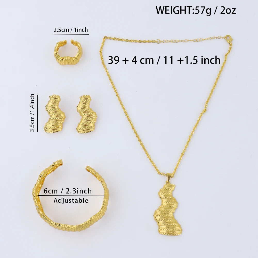 Dubai Trendy Gold Plated Woman Jewelry Sets Hight Quality Necklace Earrings Stainless Steel Bangle Ring Sets Bridal Accessories