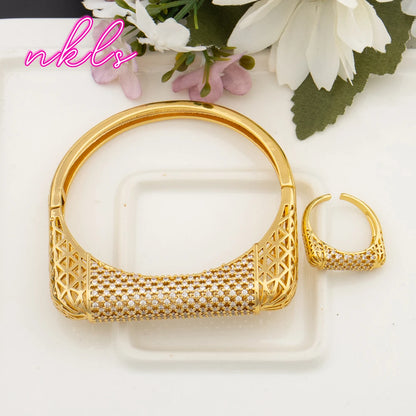 Arab Luxury Cuff Bangle & Ring Set for Women, Classic Daily to Party Gift, Elegant Jewelry Women Set