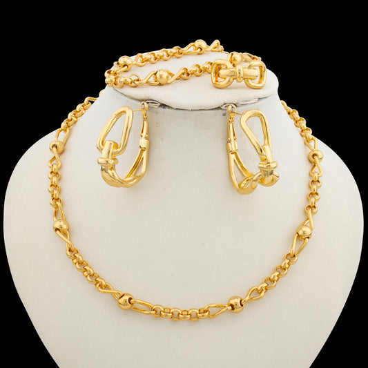 Luxury Gold Color Jewelry Set for Party Chain Necklace and Hoop Earrings African Copper Alloy Design Bracelet Ring Set Jewellery