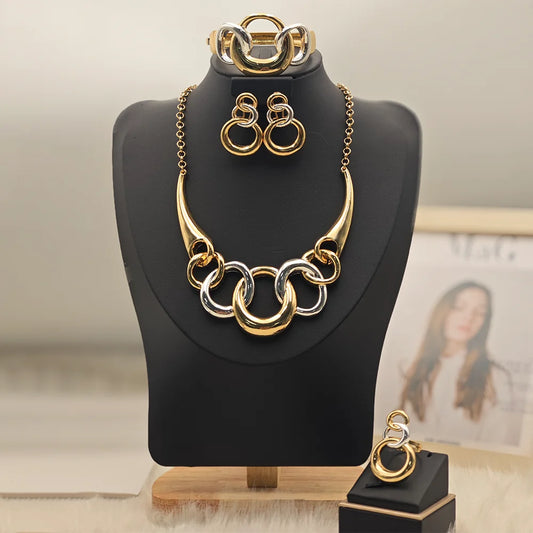 Gold Plated Simple Jewelry Set For Women Unique Circle Design Earring Necklace Bracelet Ring  Vintage Accessories For Party