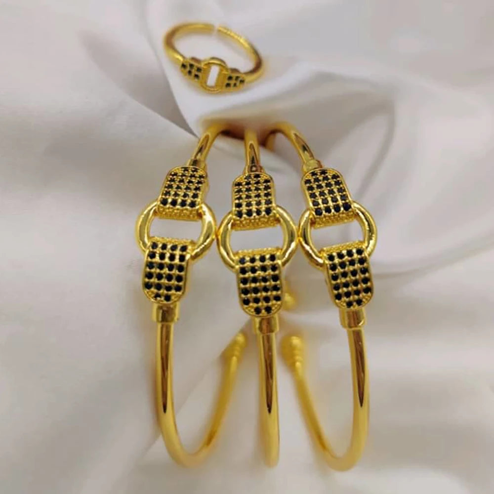 3pcs Black Zircon Cuff Bangles Dubai Gold Color Jewelry Wedding Bride Women Crystal Charm Bracelets Birthday Anniversary Gifts