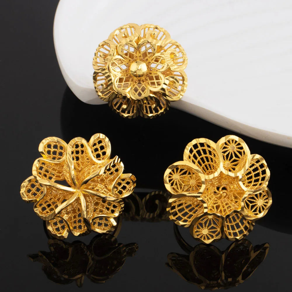 Ethiopia Dubai Flower Gold Color Arab Rings Resizable For Women 18K Gold Plated Wedding Jewelry African Party Gift