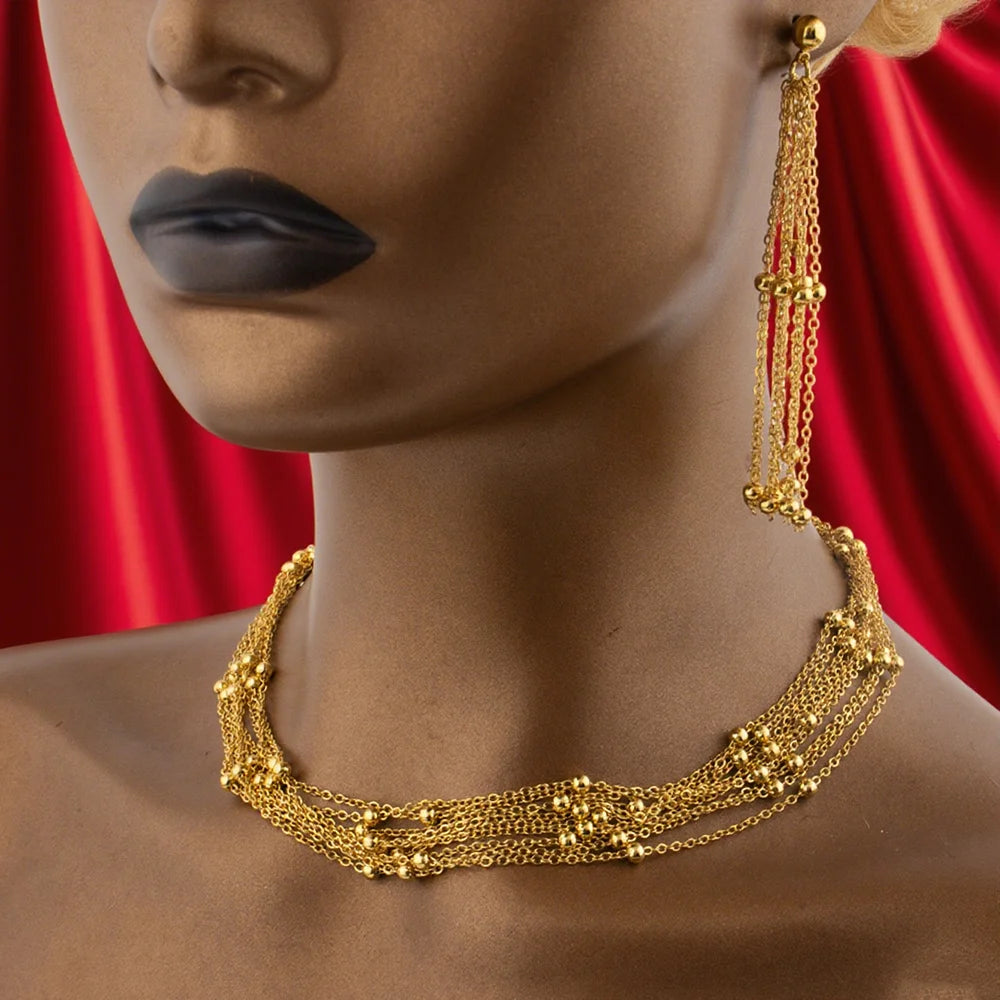 Exquisite Fashion 18K Gold Plated Jewellery Set For Woman Bridal Nigerian African Long Chain Necklace Earrings Bracelet Set