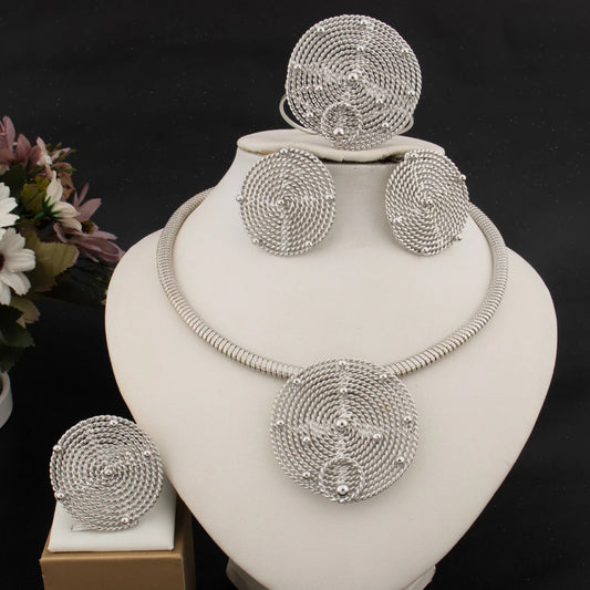 Large Round Earrings Collar Necklace Silver Color Bangle Ring Set for Women America Exaggerated Jewelry Set For Party Dressing