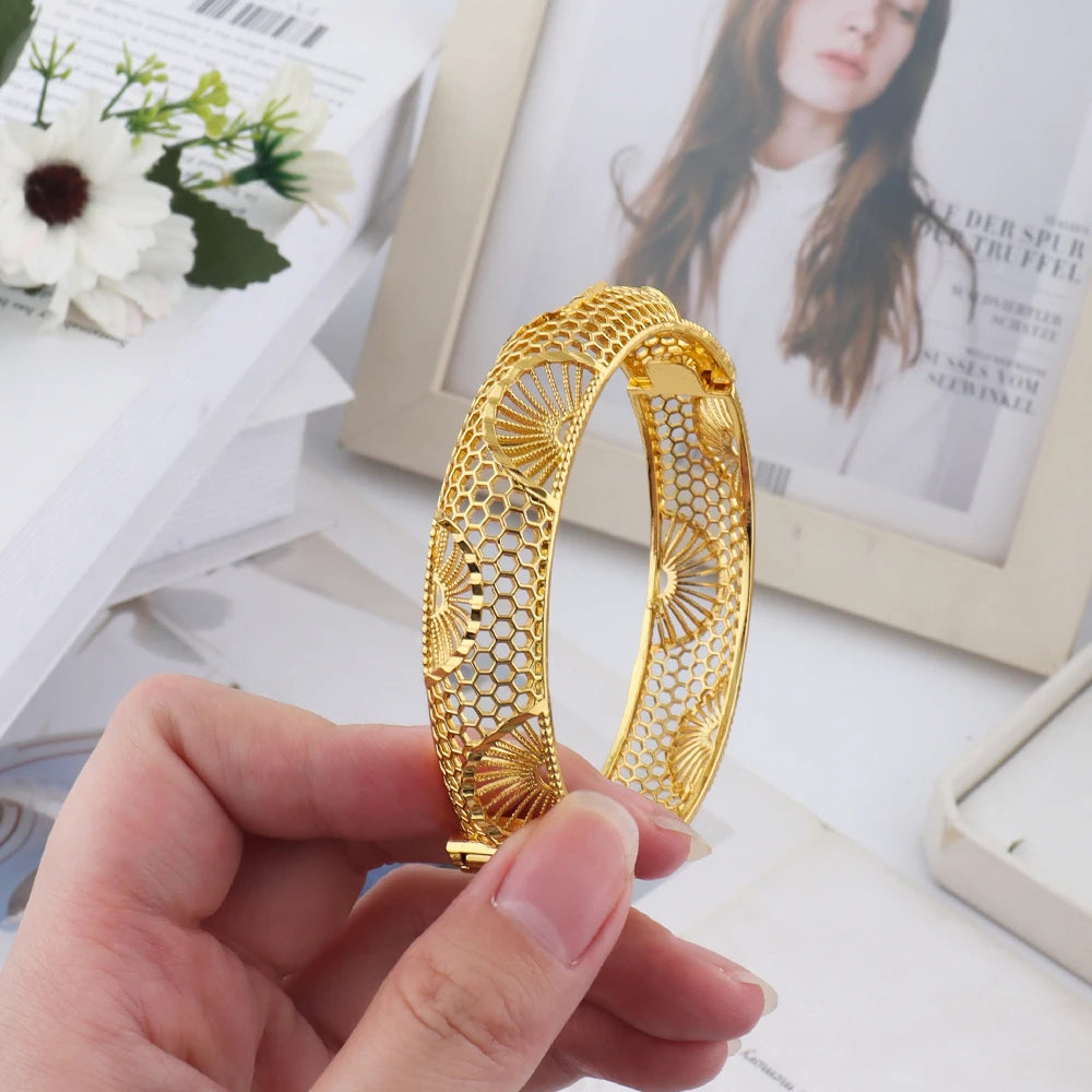 Dubai Turkish Italian Gold Plated Bangles for Women Middle East Hollow out Jewelry Set Wedding Accessory Bridal Jewelry Gifts