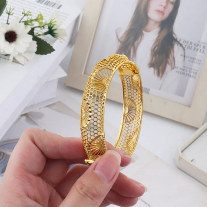 Dubai Turkish Italian Gold Plated Bangles for Women Middle East Hollow out Jewelry Set Wedding Accessory Bridal Jewelry Gifts