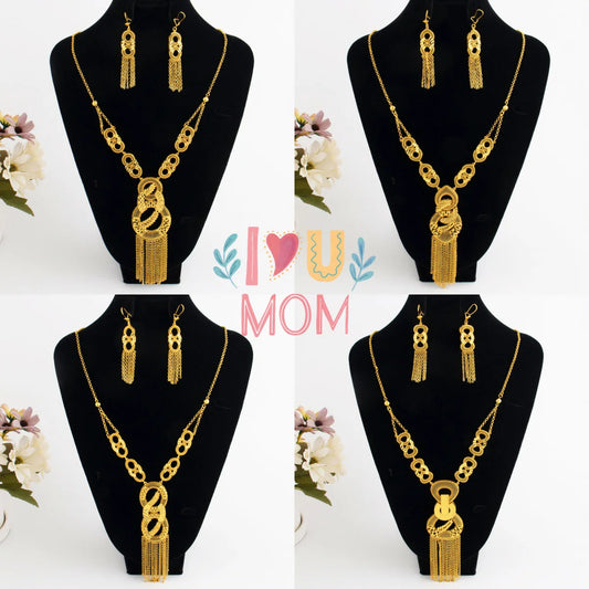 Dubai Luxury Gold Color Tassels Necklace Earrings Sets For Women Mid East India 8-Shaped  Jewelry Gifts For Party Mother