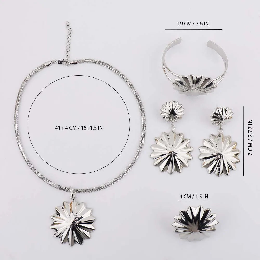 Vintage Women Polygonal Star Shape Jewelry Set Silver Plated Earrings Fine Chain Unisex Bangle Ring Sets for Party Daily Wearing