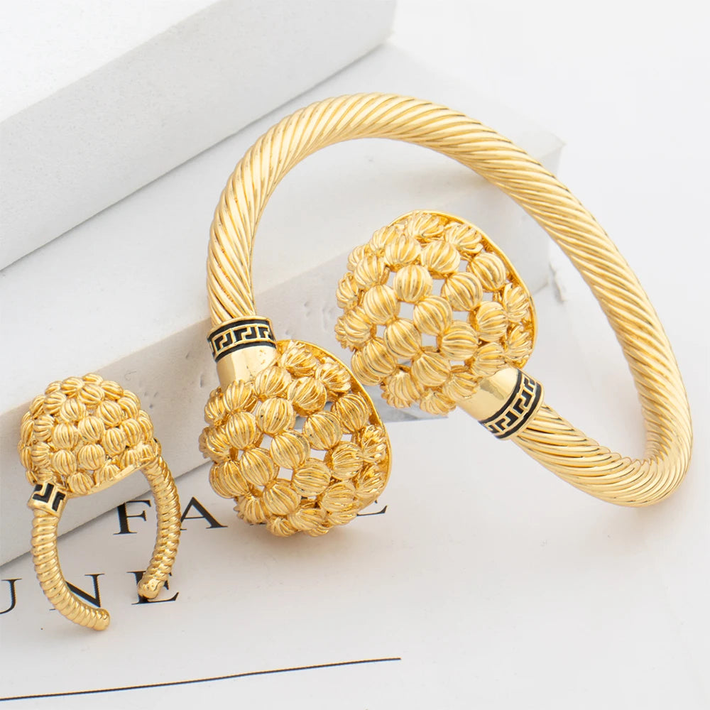 Fashion Colorful Zircon Cuff Bangle Ring Set for Women Dubai Gold Plated Jewelry Set African Wedding Bride Bangle with Ring Gift