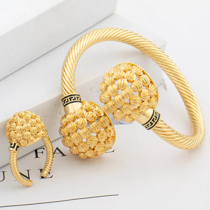 Fashion Colorful Zircon Cuff Bangle Ring Set for Women Dubai Gold Plated Jewelry Set African Wedding Bride Bangle with Ring Gift