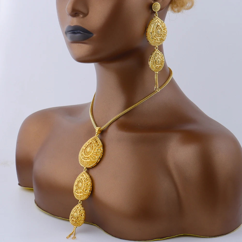 Dubai New Design Gold Plated Chain Necklace Charms Earrings for Women Jewelry Set for Dating Daily Wear Party Wedding Gift
