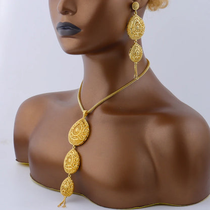 Dubai New Design Gold Plated Chain Necklace Charms Earrings for Women Jewelry Set for Dating Daily Wear Party Wedding Gift