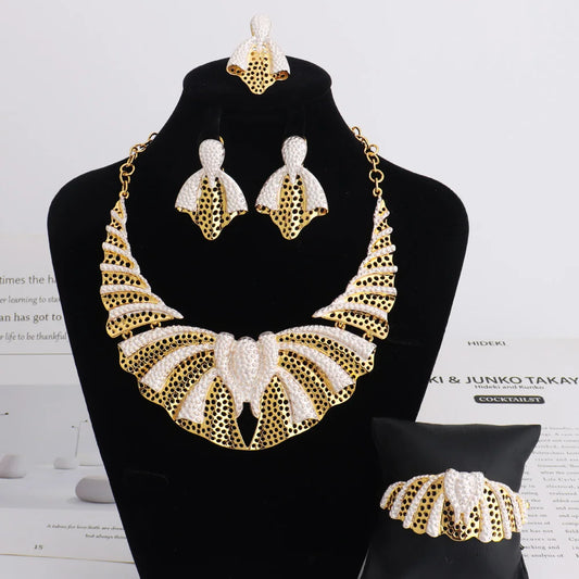 Dubai Mermaid Tail 4Pcs Jewelry Set, Hollow Earrings & Necklace Bangle Ring for Women, Luxury Africa Wedding Party Gift