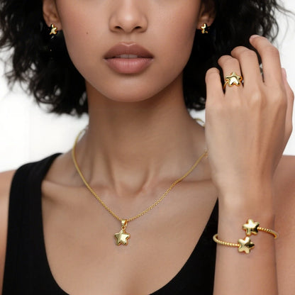 Plated 4Pcs Flower Jewelry Set for Women, Stainless Steel Necklace Earrings Bracelet Ring Gift America Fashion Party