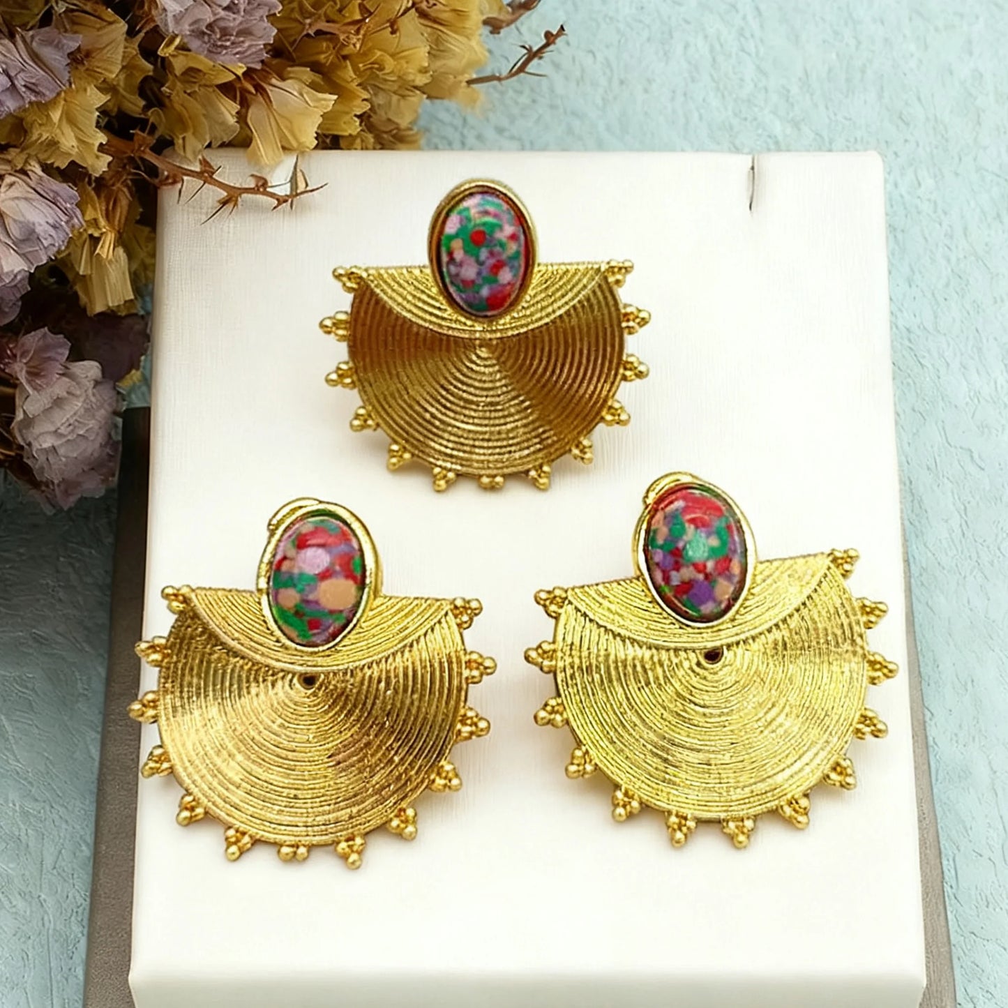 gold dubai jewelry set Gold Color Earrings Ring Set for Women Indian Luxury Earrings Ring Turkish Wedding Bride Design Jewelry