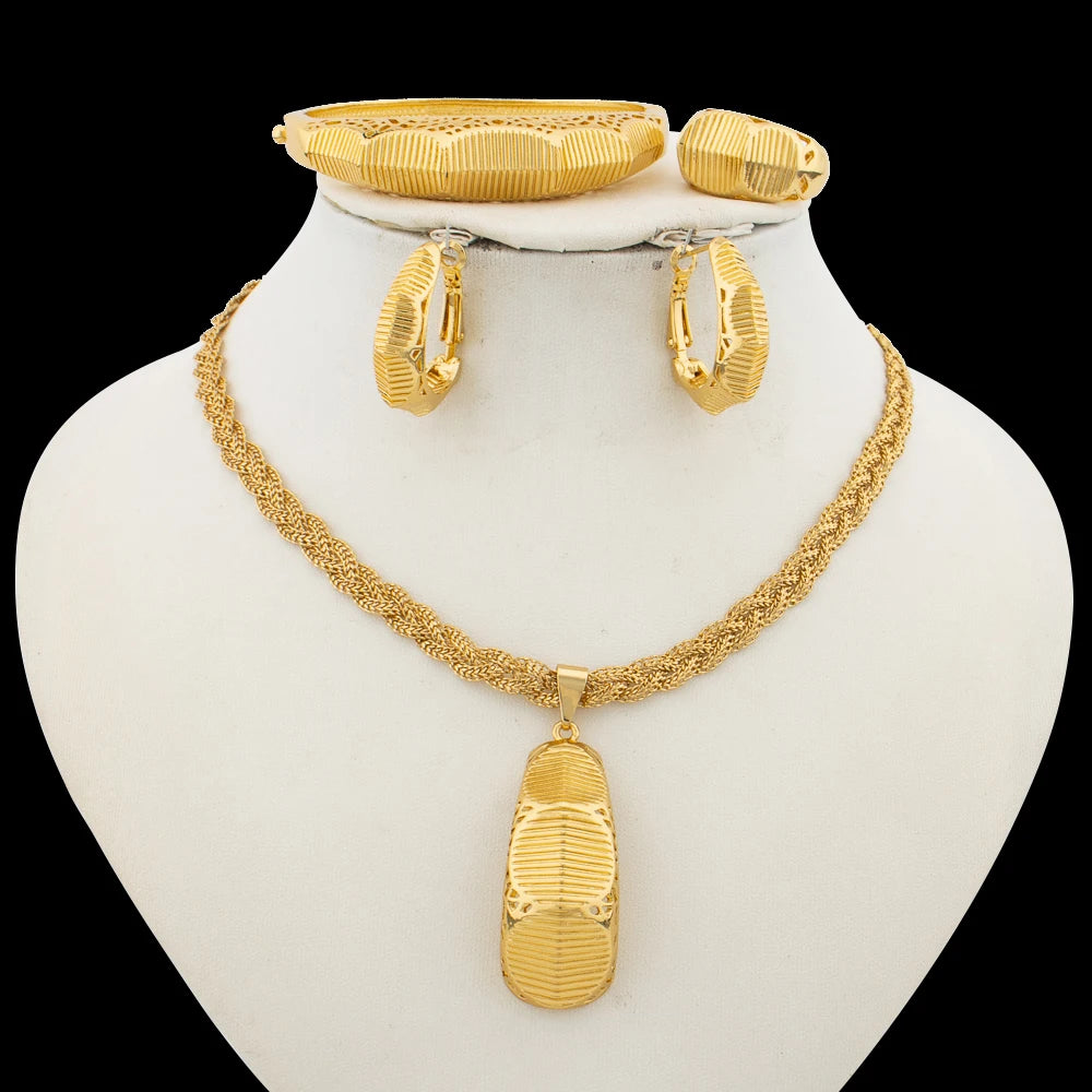 Fashion Jewelry Set for Women 18k Gold Plated Necklace and Earrings with Bracelet Ring Set for Weddings Party Jewelry Set Gifts