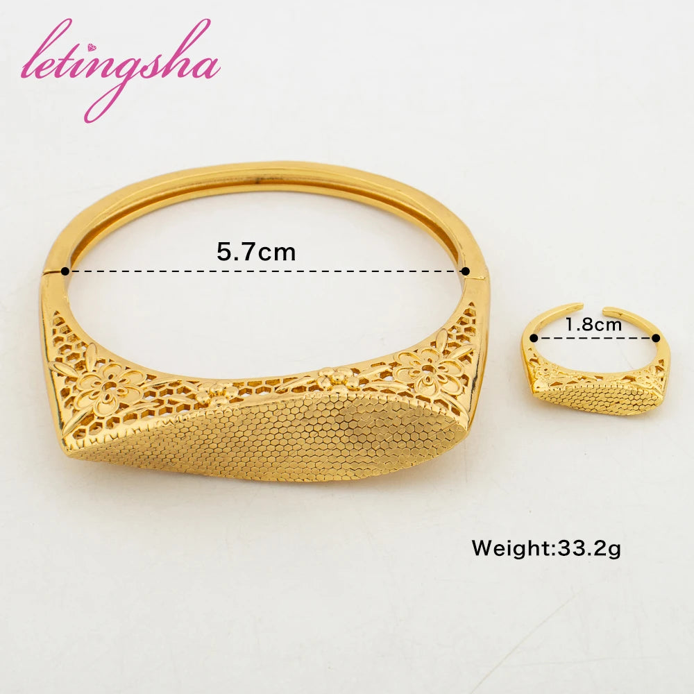 Geometry Design Bangle with Ring 2pcs Set African Classic 18k Gold Color Bracelet Ring Set for Ladies Birthday Gifts