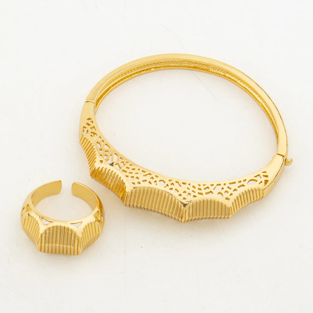 Fashion Jewelry Set for Women 18k Gold Plated Necklace and Earrings with Bracelet Ring Set for Weddings Party Jewelry Set Gifts