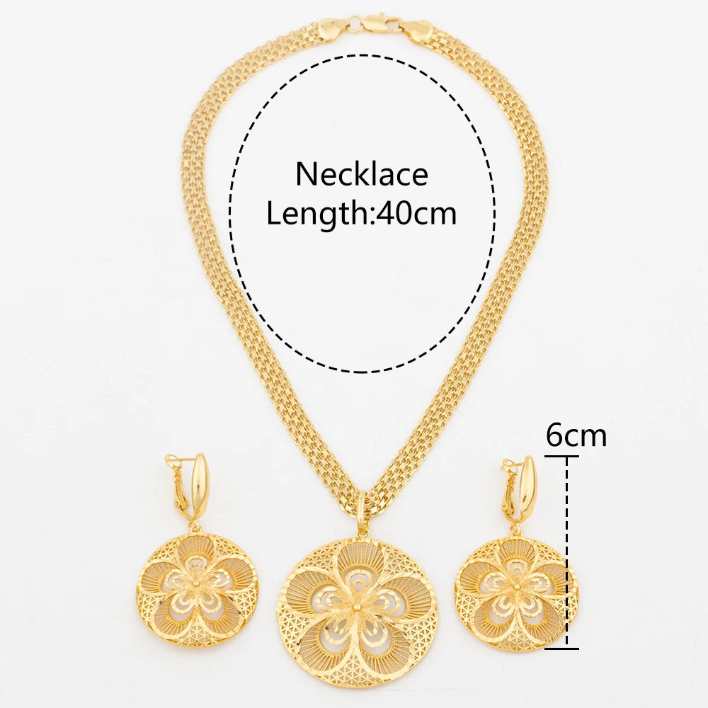 YM Gold Color Jewelry Set for Women African Flower Shape Dubai Copper Earrings Necklace Round Hollow Pendant Jewelry Accessories - YUEMING JEWELRY