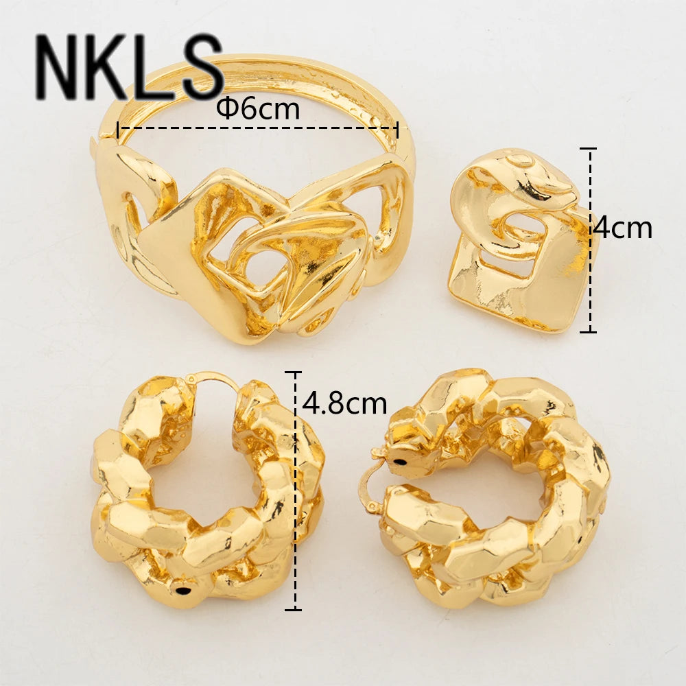Luxury Hoop Earrings Cuff Bangle Fashion Ring Set African Gold Color Women's Jewelry Set Trendy Wedding Party Gift Jewellery Set