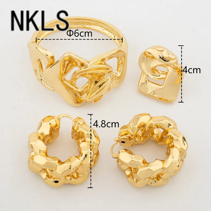 Luxury Hoop Earrings Cuff Bangle Fashion Ring Set African Gold Color Women's Jewelry Set Trendy Wedding Party Gift Jewellery Set