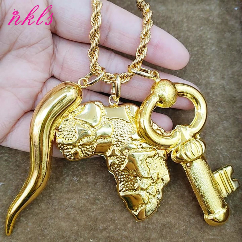 Plated African Dubai Men Head Pendant Necklace 60cm Chain Hip Hop Jewelry Gift