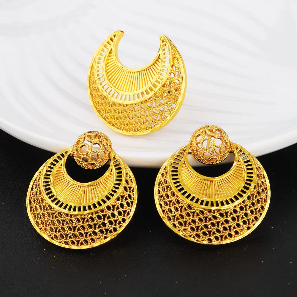 Dubai Gold Color Jewelry Set For Women Indian Earring Necklace Ring Nigeria Moroccan Bridal Accessorie Wedding Party Gift