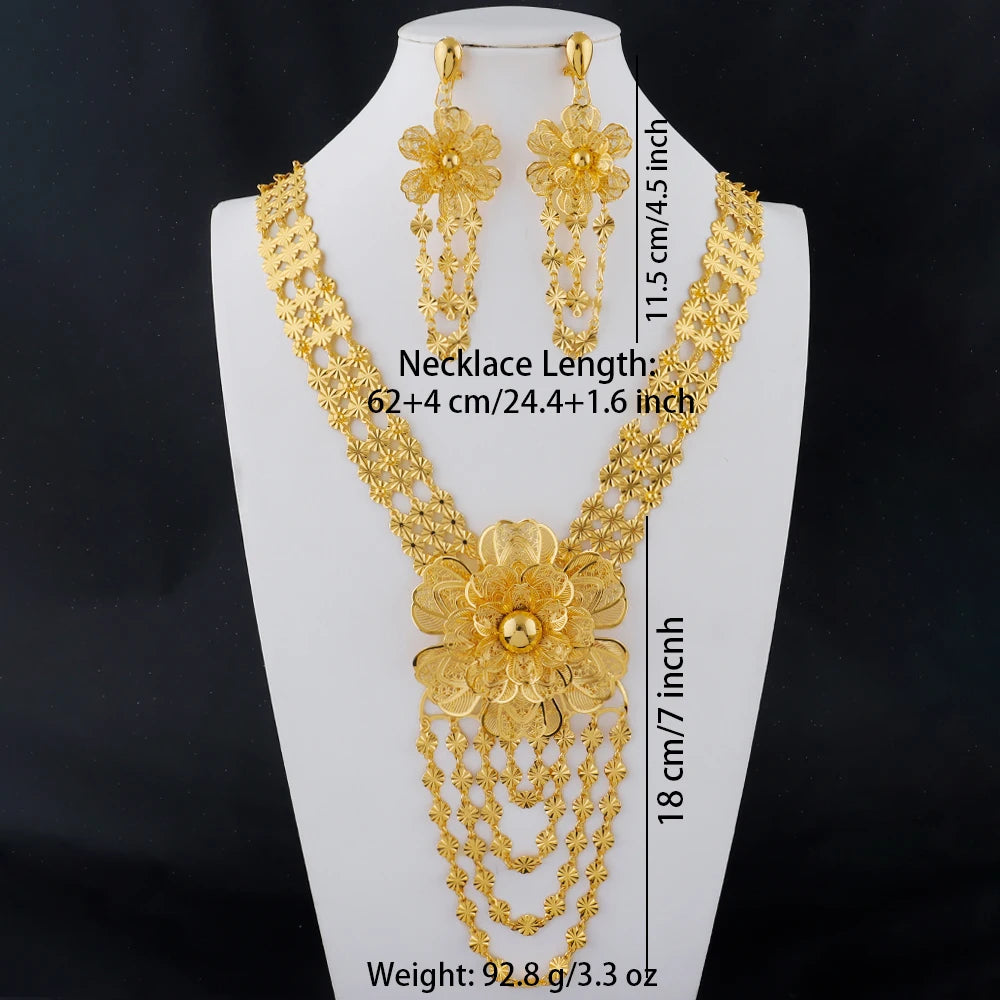 24K Gold Color Long Chain Necklace Earrings Set New Indian Nigerian Bridal Wedding Ethiopian Luxury Party Jewelry Wholesale Gift