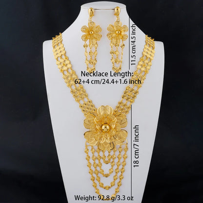 24K Gold Color Long Chain Necklace Earrings Set New Indian Nigerian Bridal Wedding Ethiopian Luxury Party Jewelry Wholesale Gift