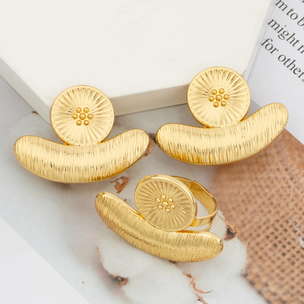 African Earrings with Ring Jewelry Set for Women Gold Plated Clip Earrings Finger Rings 2Pcs Set for Party Nigerian Daily Wear