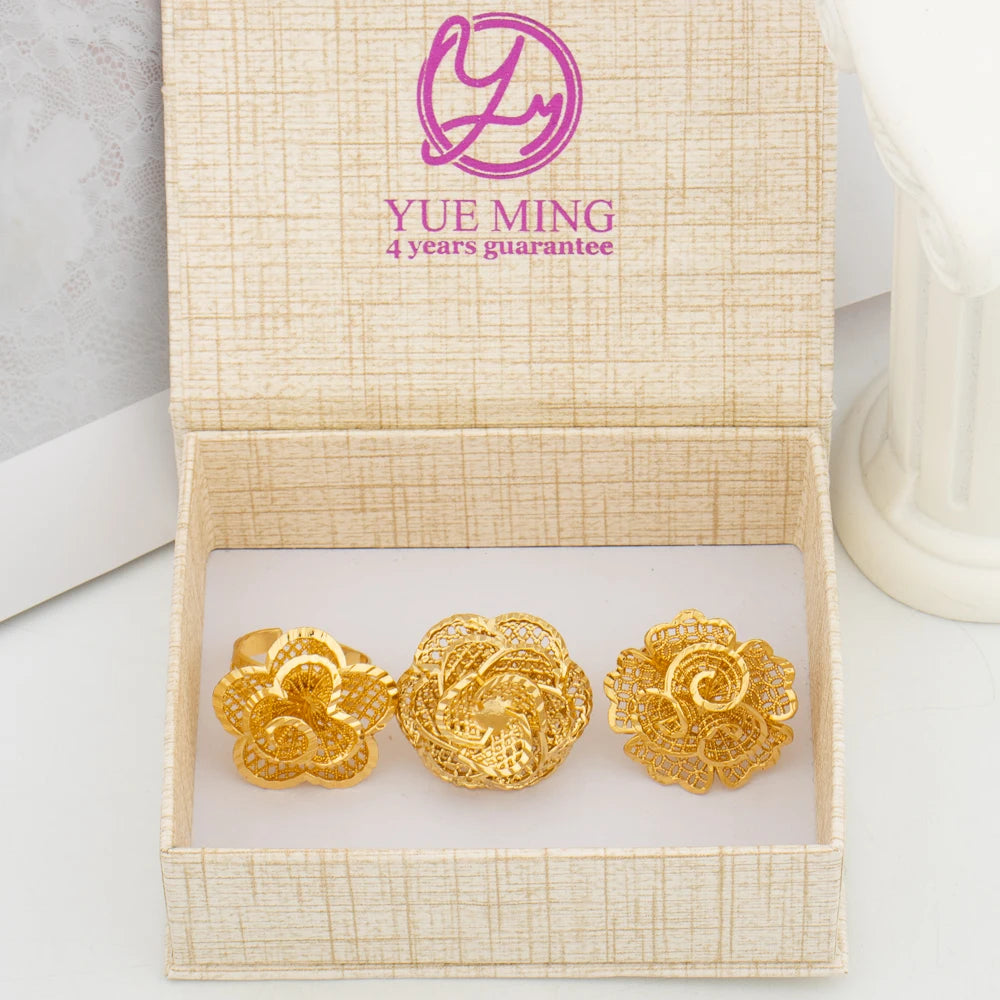 Italian Gold Plated Jewelry Set Unique Finger Ring Women Big Style Flower Elegant Rings Jewellery Sets Adjustable Ring Gifts
