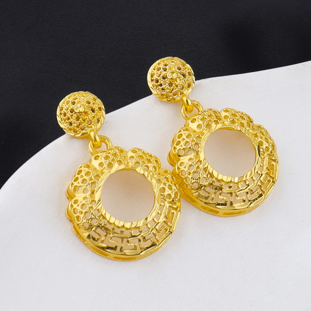 Dubai Gold Plated Luxury Noble Necklace Charms Earrings for Women Double Chain Jewelry Set for Party Wedding Christmas Gift