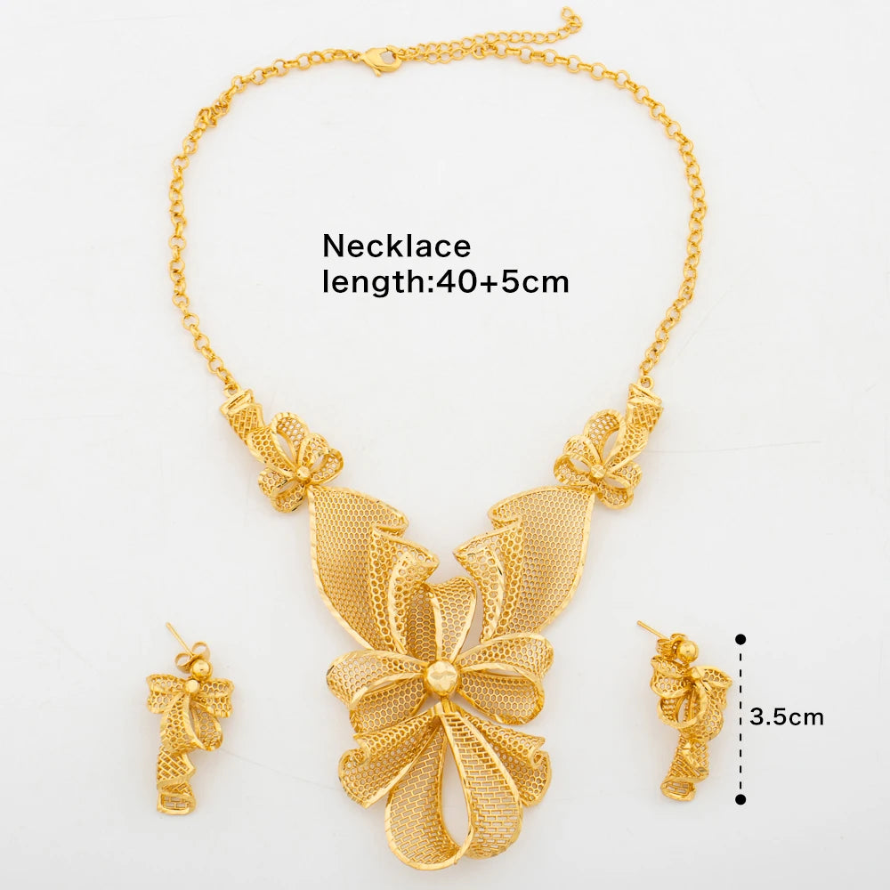 Women Necklace Earrings Italy Fashion Luxury Jewelry Set Bud Large Pendant Earrings Gold Plated Nigeria Dubai Party Jewelry Gift