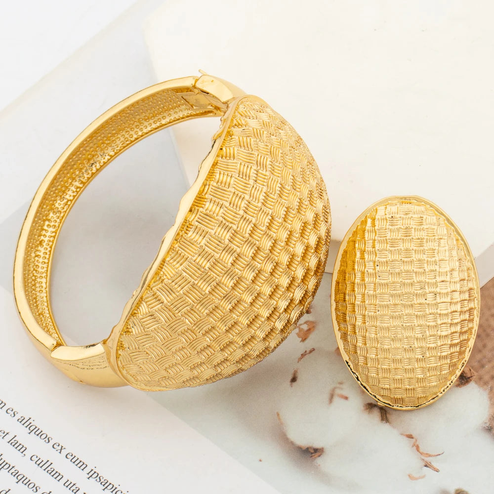 Dubai Bangle with Ring Set for Women New Design Gold Plated Hand Bracelet with Finger Ring Set Wedding Party Jewelry Engagement