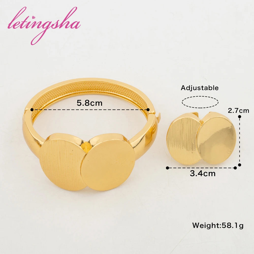 Round Design Large Cuff Bangle Ring Set Fashion Gold Color Jewelry Set for Women New Design Bracelet Weddings Bridal Jewelry